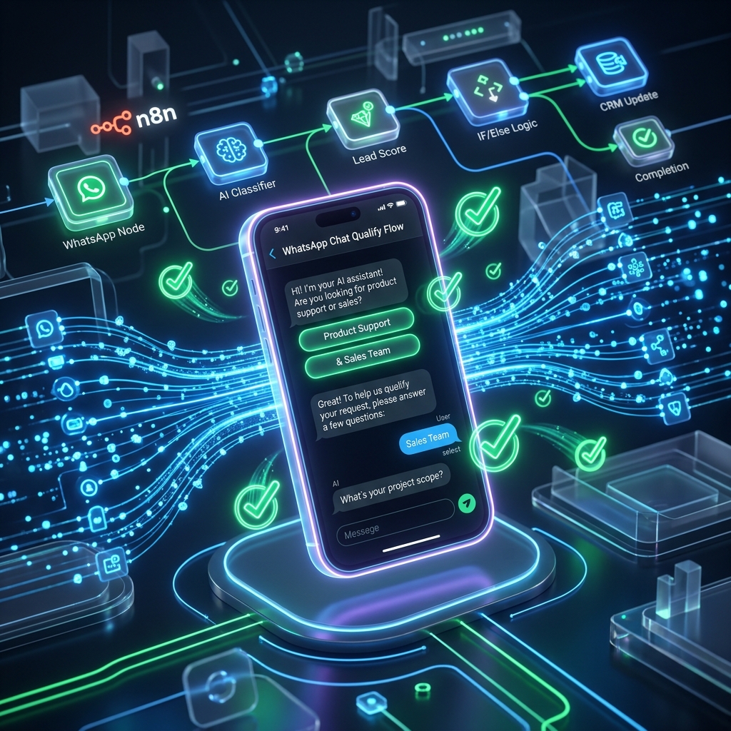 AI CRM mobile qualify flow n8n visual flow chart design cover